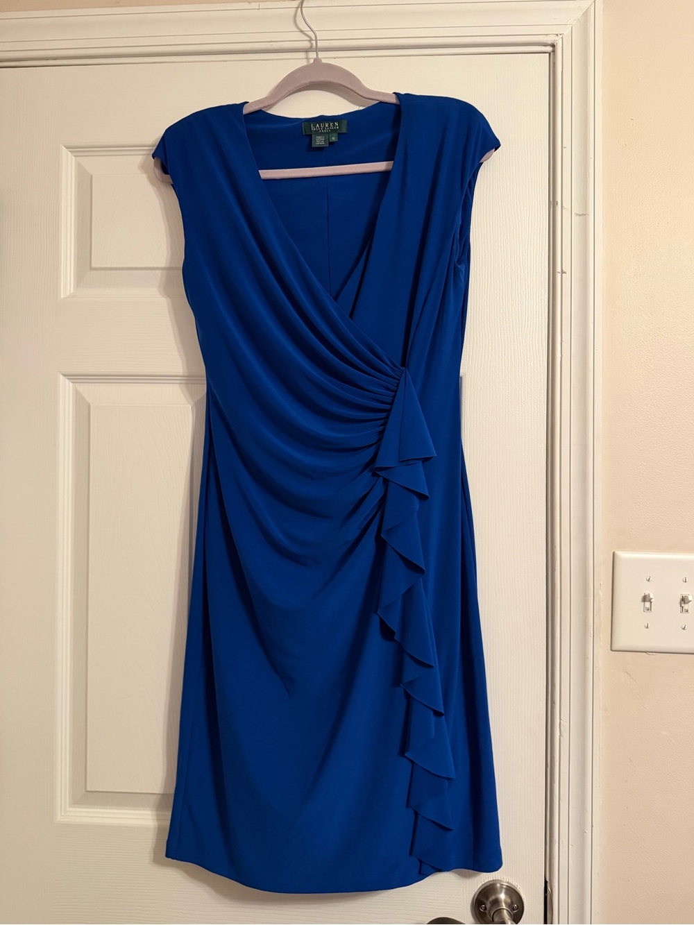 Ralph Lauren Royal Blue Faux-Wrap Ruffle Midi Dress